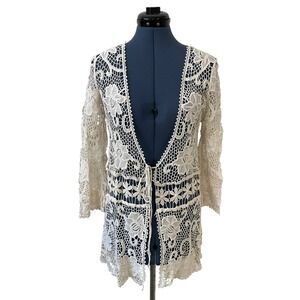 Design Works Ivory Floral Crochet Lace Cardigan Front Front Cotton Coquette L